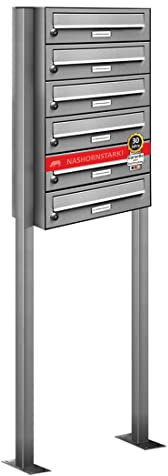 AL Briefkastensysteme 6er Edelstahl Standbriefkasten rostfrei als 6 Fach Briefkastenanlage DIN A4 in Postkasten Briefkasten Design modern