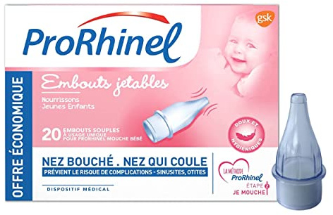 PRORHINEL - Embouts Jetables Souples Pour Mouche Bébé Manuel - Lavage Nez Bouché, Nez Qui Coule - Doux & Hygiéniques Facile À Utiliser - Dès La Naissance - Fabriqué En France - 20 Embouts