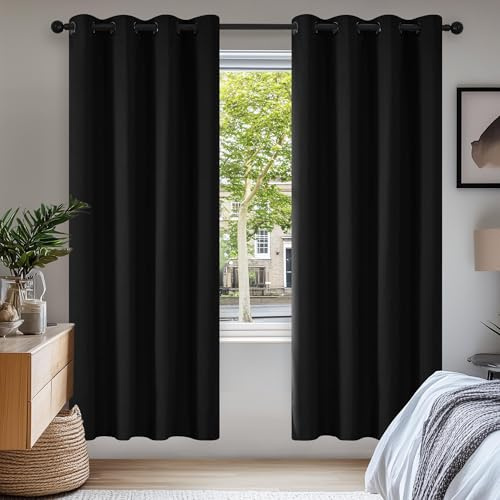 Deconovo Gardin, öljettgardiner för sovrum, termogardin med köldskydd, 175 x 140 cm (längd x bredd), svart, set om 2 | Uppsättning av 2, H 175 x B 140 cm, mörkläggningsgardiner, värmeskydd, insynsskydd, UV-skydd, för sovrum vardagsrum kontor