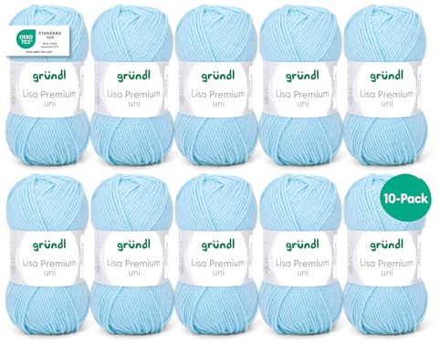 Gründl Wolle Lisa Premium uni - Garn zum Stricken - Strickgarn - Häkelgarn - Weich und hautfreundlich - 100% Polyacryl 10 Knäuel 50 g / 133 m - Nadelstärke 3,5-4,5 - Hellblau