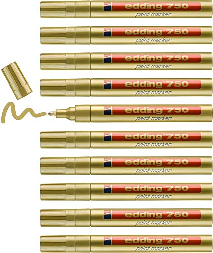 edding 750 Lackmarker - gold - 10 Stifte - Rundspitze 2-4 mm - Lackstift zur Markierung und Beschriftung von Metall, Glas, Stein oder Kunststoff - hitzebeständig, permanent, wisch- und wasserfest