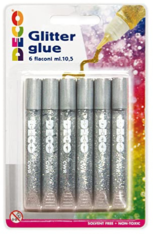 DECO 05884 Colla Glitter Blister 6 Penne, Argento