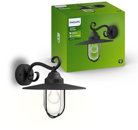 Philips Pasture Vägglampa för Utomhusbelysning Vägg, Väderbeständighet IP44, Tålig, Aluminium, Klassisk Design, Svart, E27-ljuskälla Säljs Separat, Ledlampa