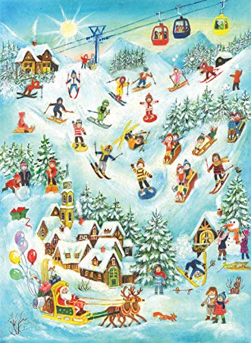 Adventskalender/Weihnachtskalender aus Papier mit Bildern und Glitzer für Kinder und Erwachsene Ski-Spaß