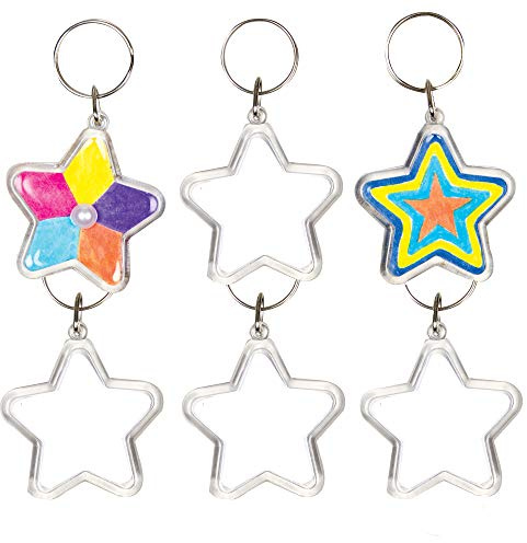 Baker Ross Kits de Porte-Clés Étoiles en Acrylique Que Les Enfants pourront Peindre, Décorer et Personnaliser (Lot de 6) AG220, Blanc, argent, paillettes