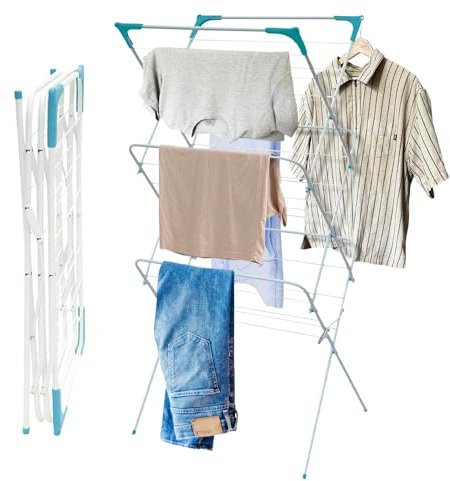 3 Tier Folding Clothes Airer - For Laundry, Indoor And Outdoor | Non-Slip Feet & Corner Spaces for Hangers | Foldable Drying Rack, Lightweight, Space Saving Washing Line - Home Storage