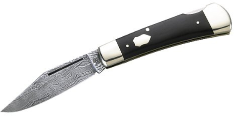 Hartkopf-Taschenmesser, 300 Lagen Damast von Markus Balbach, Klinge feststellbar, Ebenholz, Neusilberbacken