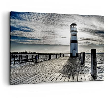 ARTTOR Leinwandbild 100x70cm Wandbild Landschaften Maritim - 0330 | See Leuchtturm Holz Groß Wanddekoration Wohnzimmer Schlafzimmer Küche Wanddeko Wand Kunstdruck Wandkunst Wall Decor ARTTOR