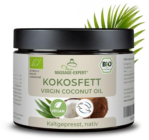 MASSAGE-EXPERT Bio Kokosöl Kaltgepresst/Virgin Coconut Oil (VCO), naturbelassen, vegan – für Küche, Massage, Ayurveda & Pflege (500 ml rePET-Dose)