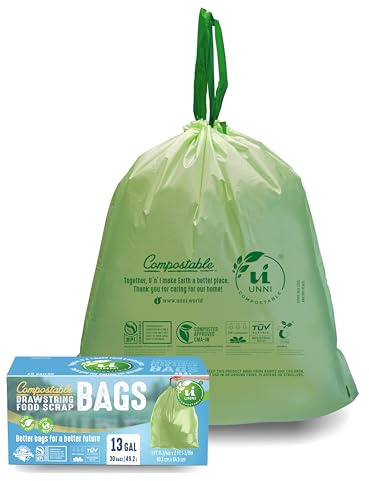 UNNI Compostable Drawstring Bags, 13 Gallon, 49.2 Liter, 30 Count, Heavy Duty 1 Mil, Tall Kitchen Food Scrap Waste Bags, ASTM D6400, US BPI, CMA & Europe OK compost Certified, San Francisco
