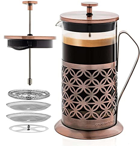 OVENTE French Press Coffee Maker 34 Ounce with Heat Resistant Borosilicate Glass, Stainless Steel Design and 4-Level Filter System, Portable Cold Brewer Pot for Travel, Camping or Gift, Copper FSF34C