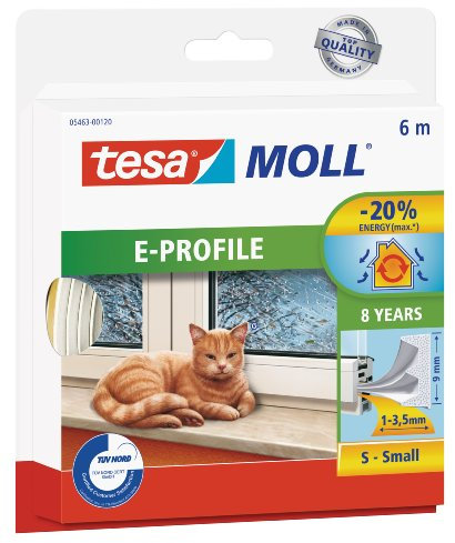 tesa tesamoll E-Profile Seal, Gomma Sigillante per l'Isolamento degli Spazi tra Porte e Finestre, Bianco, 6 m x 9 mm x 4 mm