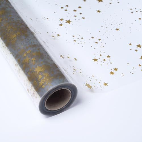 PAKOT Bobina Celofán Transparente con Estrellas Doradas Papel Envoltorio en Rollo para Regalos Cestas y Ramos de Flores 70 cm x 50 m Uso Profesional y Particular