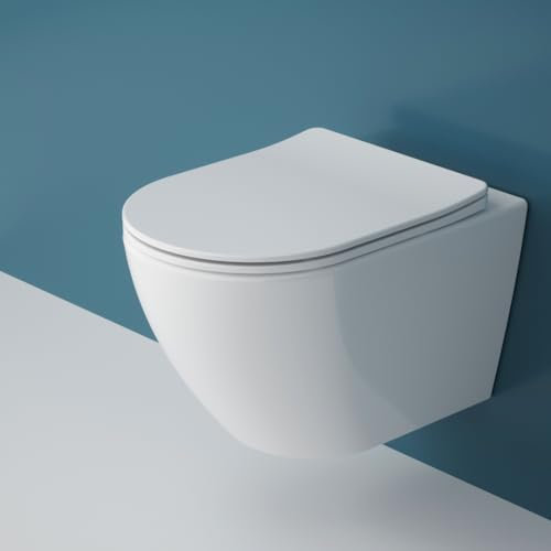Durovin Bathrooms Ceramic Modern Streamline Wall Hung Toilet - Rimless Technology - Include WC Pan with Quick Release Soft Close Seat - 365 x 540 x 330mm (WxDxH)