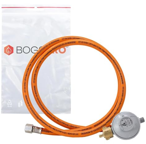 BOGAPRO Schlauch-Regler Set, Betriebsdruck: 29 (30) mbar, Länge: 100 cm, Material: Messing, Farbe: Gold, für Outdoor-Kochen, Heizen, Camping, inkl. Polybeutel