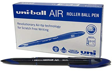 uni-ball UB-188-M Micro Air Rollerball Pens. Premium 0.5mm Nib for Super Smooth Handwriting. Writes Like a Fountain Pen. Fade and Water Resistant Liquid Uni Super Ink. Box of 12 Blue Ballpoint Pens