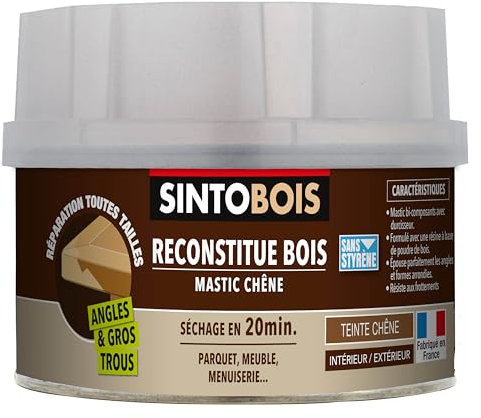 SINTO RECONSTITUE ANGLES ET GROS TROUS CHENE 500 G Chêne-Idéal pour reconstituer, réparer et reboucher une partie manquante sur du bois