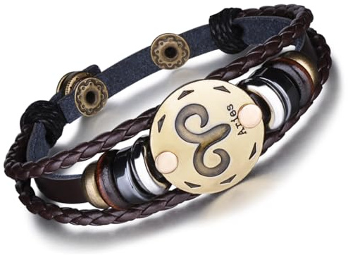 Unendlich U Punk Modisch 12 Sternbilder Sternzeichen Herren Damen Charm Armband Geflochten Leder Legierung Multilayer Braun Armreifen, Widder(Aries)