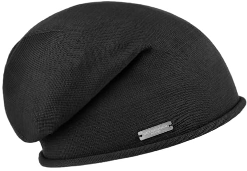 Seeberger Rollrand Beanie Damenbeanie Damenmütze Mütze Strickmütze Damen/Kinder - Long Sommermütze Sommer Frühling-Sommer Herbst-Winter - One Size schwarz