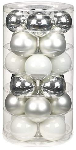 24 Christbaumkugeln Glas 6cm // Weihnachtskugeln Weihnachtsschmuck Weihnachtsdeko Baumkugeln Baumschmuck Christbaumschmuck Kugeln Glaskugeln Dose, Farbe: Silber Glanz/weiß matt/porzelanweiß