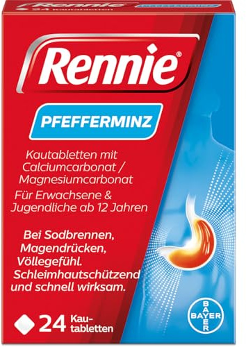 Rennie Pfefferminz I gegen Sodbrennen I wirkt in Minuten I 24 Kautabletten | Auch bei Völlegefühl und saurem Aufstoßen. Für Schwangere geeignet. Schützt die Schleimhaut.