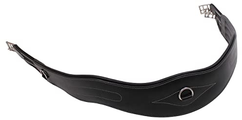 QHP Sattelgurt Leder anatomisch geformt Luxus Ziernähte D-Ring (115 cm, Schwarz)