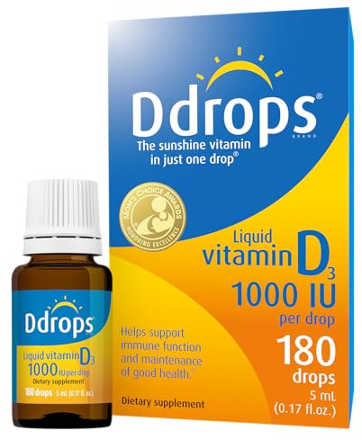 Ddrops Adults 1000 IU 180 Drops, Liquid Vitamin D. Supports Strong Bones & Immune System. No Large Capsules, No Preservatives, Non-GMO, Allergy-Friendly