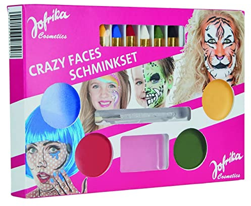 Jofrika Crazy Faces Schminkset I Set aus 4 Farben Theaterschminke, Abschminke, 6 Schminkstifte und einen Applikator I Geeignet für Karneval, Halloween, Kindergeburtstage, Mottoparties