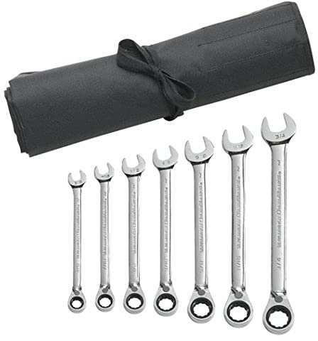 GearWrench Juego de 7 llaves SAE de combinación de trinquete reversible de 12 puntos con rollo de herramientas - 9567RN