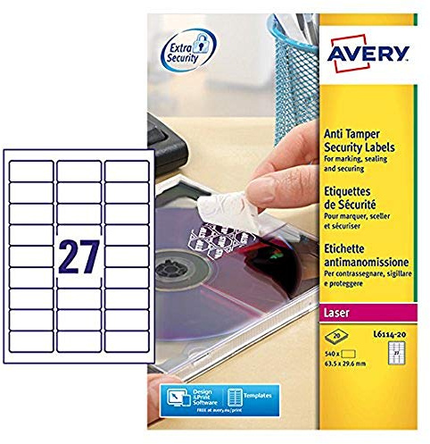 Avery España L6114-20 - Pack de 20 folios de etiquetas anti-manipulación, 63.5 x 29.6 mm, color blanco