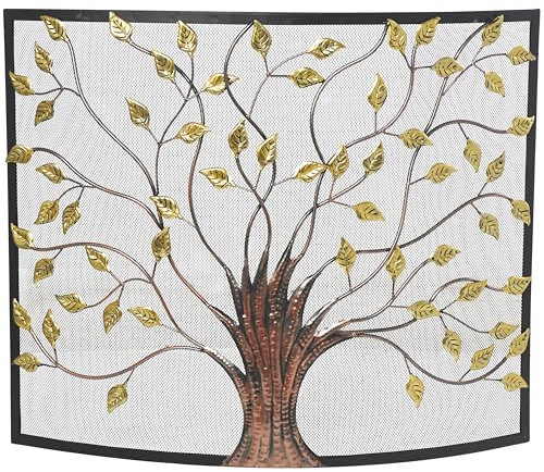 Deco 79 Metal Tree Sculpted Relief Single Panel Fireplace Screen with Curved Mesh Netting, 39 Inch x 7 Inch x 33 Inch, Bronze