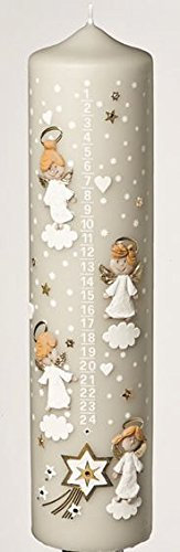 Weihnachtskerzen Adventskalenderkerze 1-24, Hellgrau, Größe 30 x 7 cm, handverzierte Kerze mit aufgelegten Engel, Adventkerze