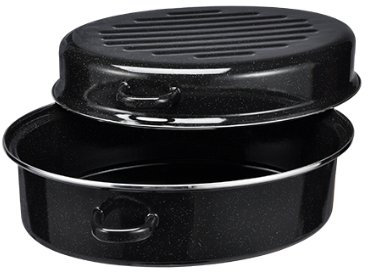 38 CM GANSBRÄTER MIT EDELSTAHLRING GÄNSEBRÄTER GANSTOPF GÄNSETOPF GANS - GÄNSE TOPF EMAILLE EMAILE IN SCHWARZ