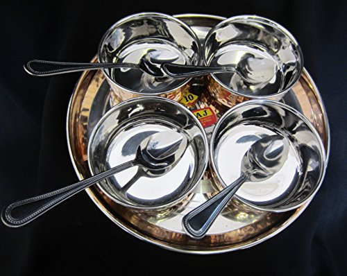 Beghal 9 Piece Relish BBQ Pickle Sauce Chutney,Dip Server Dishes in Stainless Steel Thali & Heavy Copper/Stainless Steel Katoris(Bowls)