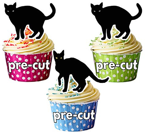 AK Giftshop PRE-CUT Halloween Black Cats Edible Cupcake Toppers/Cake Decorations (Pack of 12)