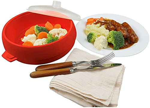 Good2Heat Microwave Steamer for Rice, Vegetables, Fish, Casserole: 1.5L Capacity, BPA Free, Dishwasher Safe, Red