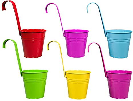 DRULINE 6er Set Blumentopf hängend - Hängetopf - Pflanztopf - Übertopf - Hängeblumentopf – je 1 x Metall gelb/grün/türkis/rot/2 x pink - Ø 9/13 cm - B/H/T ca. 13 x 28 x 24 cm - mit abnehmbaren Haken