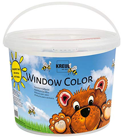 KREUL 40151 - Window Color Power Pack Bär, 8 x 125 ml Fensterfarben, inkl. Konturenfarbe schwarz, für kreative Kinder, 2 verschiedene Folie, Feindüse und Motivvorlagen