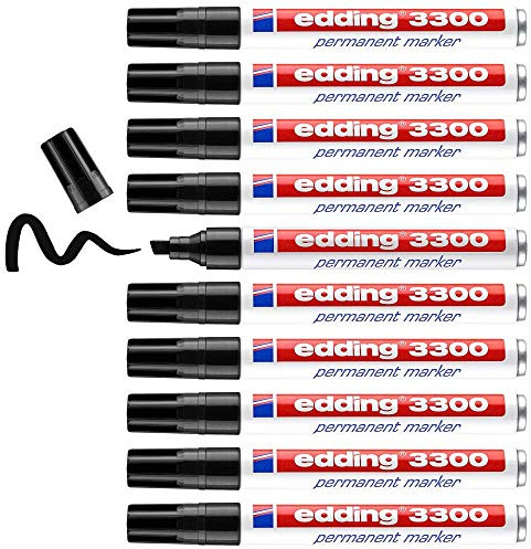 edding 3300 Permanentmarker - schwarz - 10 Stifte - Keil-Spitze 1-5 mm - schnell trocknender Permanent Marker - wasserfest, wischfest - für Karton, Kunststoff, Holz, Metall - Universalmarker