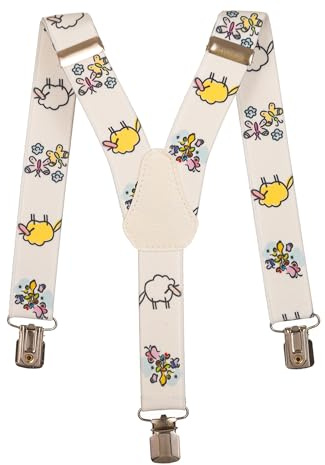 Olata Bretelle per Bambini a Forma di Y, Elastiche, Motivo con Pecorelle (1-5 Anni), 2,5 cm. Bianco
