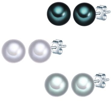 Valero Pearls Damen Perlenohrstecker 925/- Sterling Silber 3er Set Ohrstecker Süßwasser-Zuchtperlen 6-7 mm Button Pfauenblau Graublau Grau