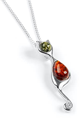 HENRYKA 925 Sterling Silver Cat Necklace - 18'' Chain | Baltic Amber Cat Silhouette & Curly Tail Necklace | Boho Style Colourful 3D Pendant Jewellery Gift for Girls & Women