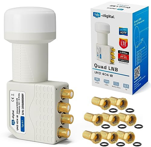 hb-digital Quad LNB - Test SEHR GUT* - für 4 Teilnehmer LTE Filter 4-Fach Full HD 4K 0.1dB mit Wetterschutz + 4X F-Stecker für TV Fernseher SAT Receiver Satellitenschüssel - Weiss