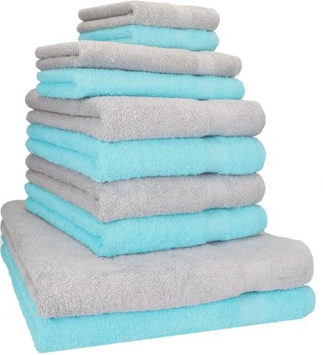 Betz 10-TLG. Handtuch-Set Classic 100% Baumwolle 2 Duschtücher 4 Handtücher 2 Gästetücher 2 Seiftücher Farbe türkis und Silbergrau