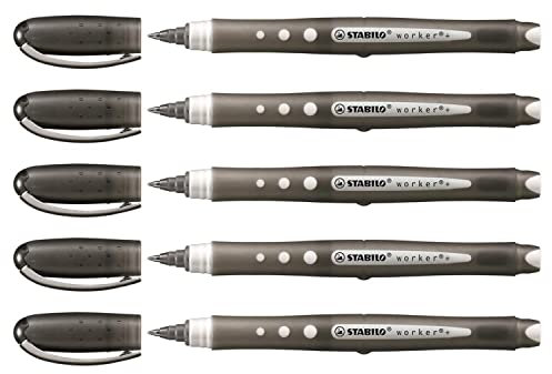 Stabilo Worker Colorful Tintenroller, flüssige Tinte, ergonomischer Griff, 0,5 mm, schwarz, 5 Stück