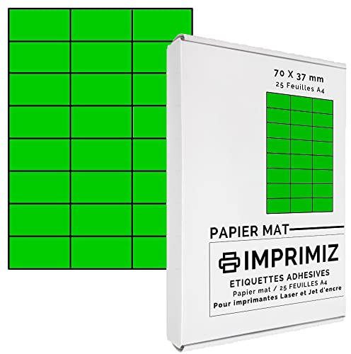 600 Selbstklebende Etiketten neon grün von 70 x 37 mm - 24 Etiketten/Blatt - 25 Blatt A4 / Papier matt - Farbe - Für Inkjet/Laser/Kopier Drucker - Etiketten farbig