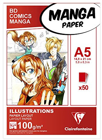 Clairefontaine 94041C Bloc Encollé Papier Manga et Illustration - 50 Feuilles Blanc Extra Lisse A5 14,8x21 cm 100g - idéal pour le Dessin au Feutre à Alcool