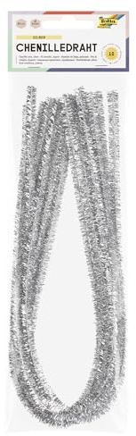 folia 77860 – Lot de 10 fils chenille en argent, diamètre 8 mm et 50 cm de long, idéal pour les enfants pour le bricolage et la création d'animaux, de figurines et d'autres formes