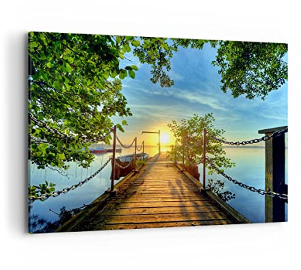 Bilder auf Leinwand 100x70cm Leinwandbild See Sonnenuntergang Boot Landschaft Groß Wanddeko Bild Schlafzimmer Deko Wandbilder Dekoration Wohnzimmer Wall Decor Canvas Wand Kunstdruck Art AA100x70-2573