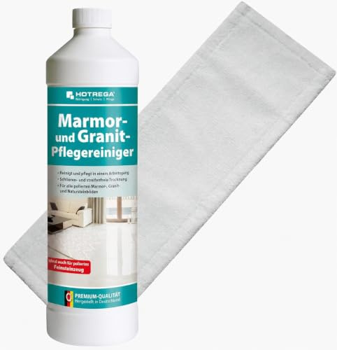 HOTREGA Marmor- und Granit-Pflegereiniger 1L | Konzentrat Natursteinpflege | Natursteinreiniger für polierte Oberflächen | Inklusive 40 cm Wischmopp | Reinigt Treppen, Böden und Küchenarbeitsplatten